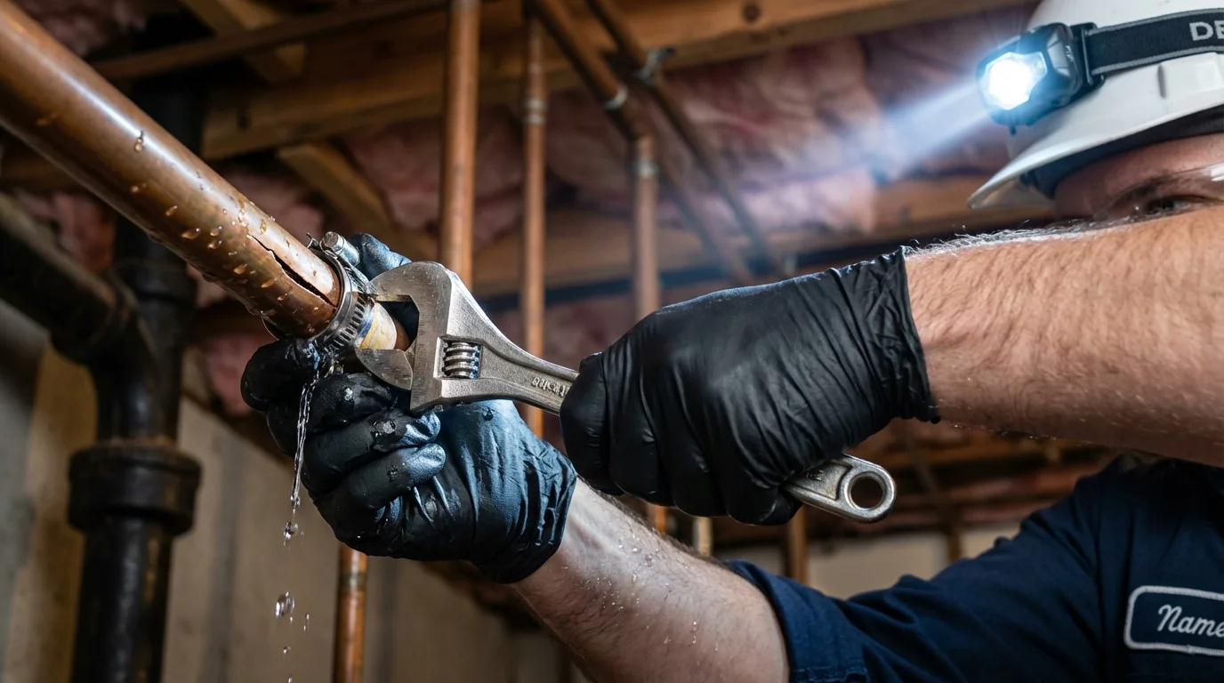 Emergency pipe clamp repair being performed by a Johns Plumbing LLC plumber in Willimantic