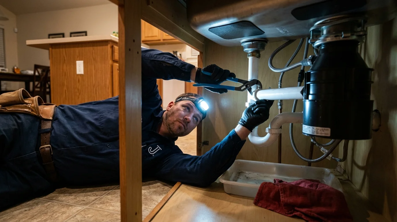 P-trap and supply line connections under a kitchen sink showing a common leak point in Willimantic, CT